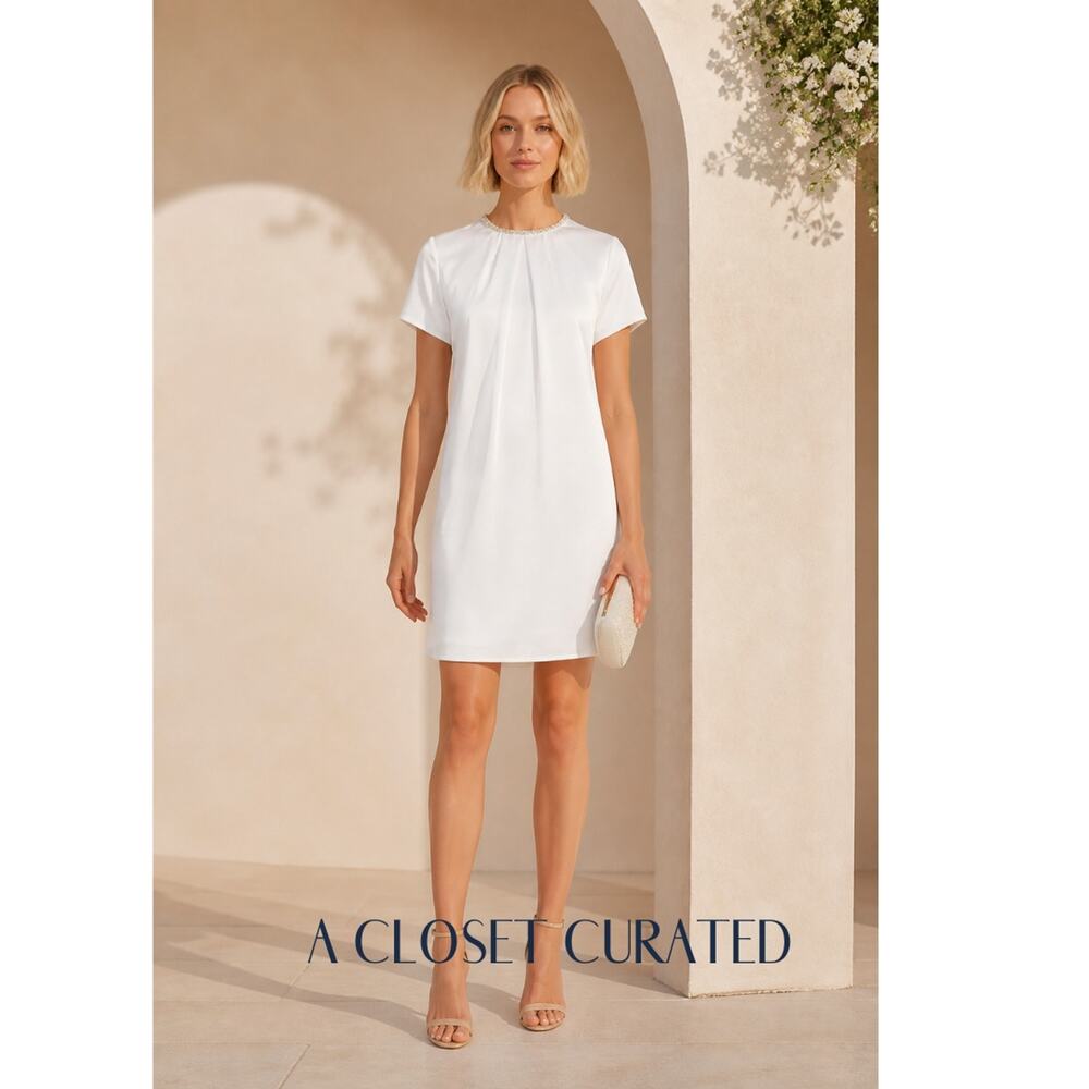 Mac Duggal White Rhinestone Neck Shift Dress 6 White Style 55698